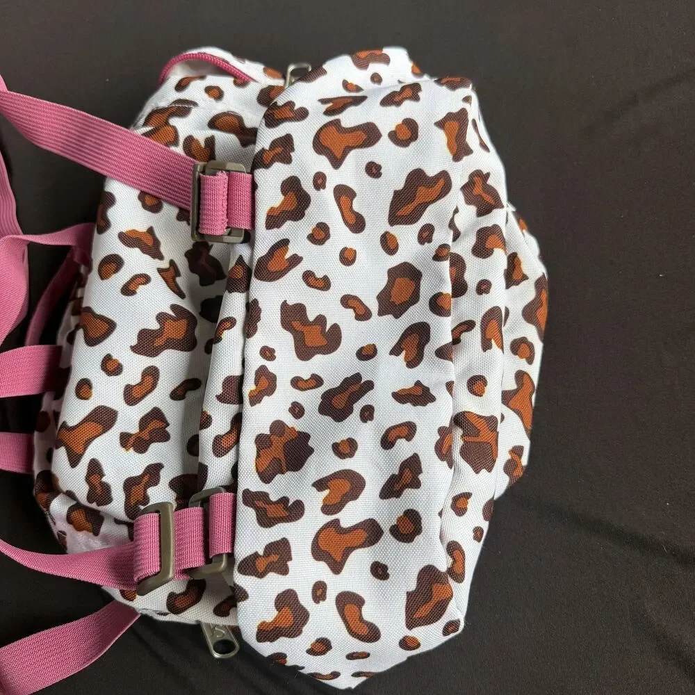 JanSport‎ Mini Backpack Leopard Animal Print White Brown Pink Trim Zip Pocket